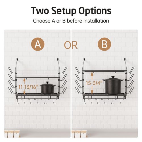 KES 30-Inch Pot Rack Wall Mounted with 8 Secure Lid Holders & 12 Sturdy Hooks, 2-Tier Kitchen Hanging Pot and Pan Organizer, Ample Storage for Tall Cookware, KUR215S75C-BK