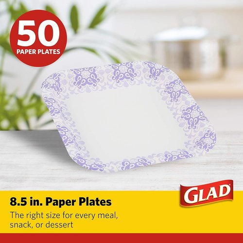 Glad Disposable Paper Plates - Soak Proof & Cut Proof Heavy Duty | 8.5" Diameter, 50 Count Bulk
