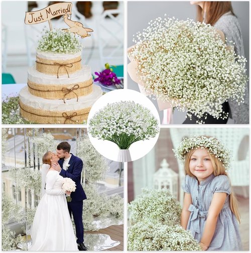 120PC Baby Breath Artificial Flowers - Babies Breath Flowers Artificial Bulk Faux Flowers Bouquet White Flores Real Touch Fake Flowers Arrangements Wedding Centerpieces Tables Decorations