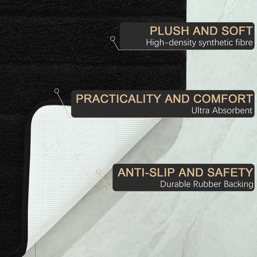 AROGAN Luxury Long Bathroom Runner Rugs, Thick Soft and Absorbent Microfiber Non Slip Bath Mat, Rubber Backing Striped Rug Carpets, Machine Washable Plush Mats for Bathroom Floor, 24x60 Inch Black