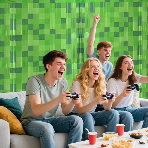 2 Pack Green Pixel Miner Foil Fringe Curtains - 3.3x6.6ft Video Game Birthday Photo Booth Backdrop, Metallic Door Streamers for Gamer Party Decorations & Room Wall Decor