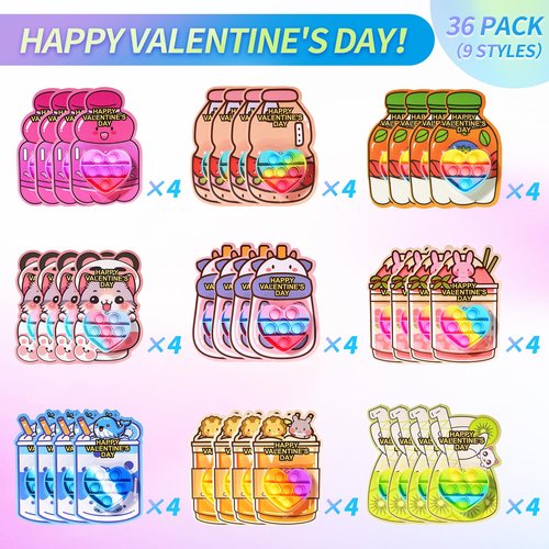 TOAPER 36 Pack Valentines Day Gifts for Kids - Bulk Prefilled Valentines Heart Pop Keychain Toys Classroom Cards, Valentine’s Day Cards for Kids Boys Girls School Class Exchange Gifts
