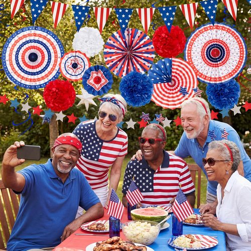 29PCS Patriotic Decorations Set by USA Flag | Red, White & Blue Paper Fans, Pennants & Streamers