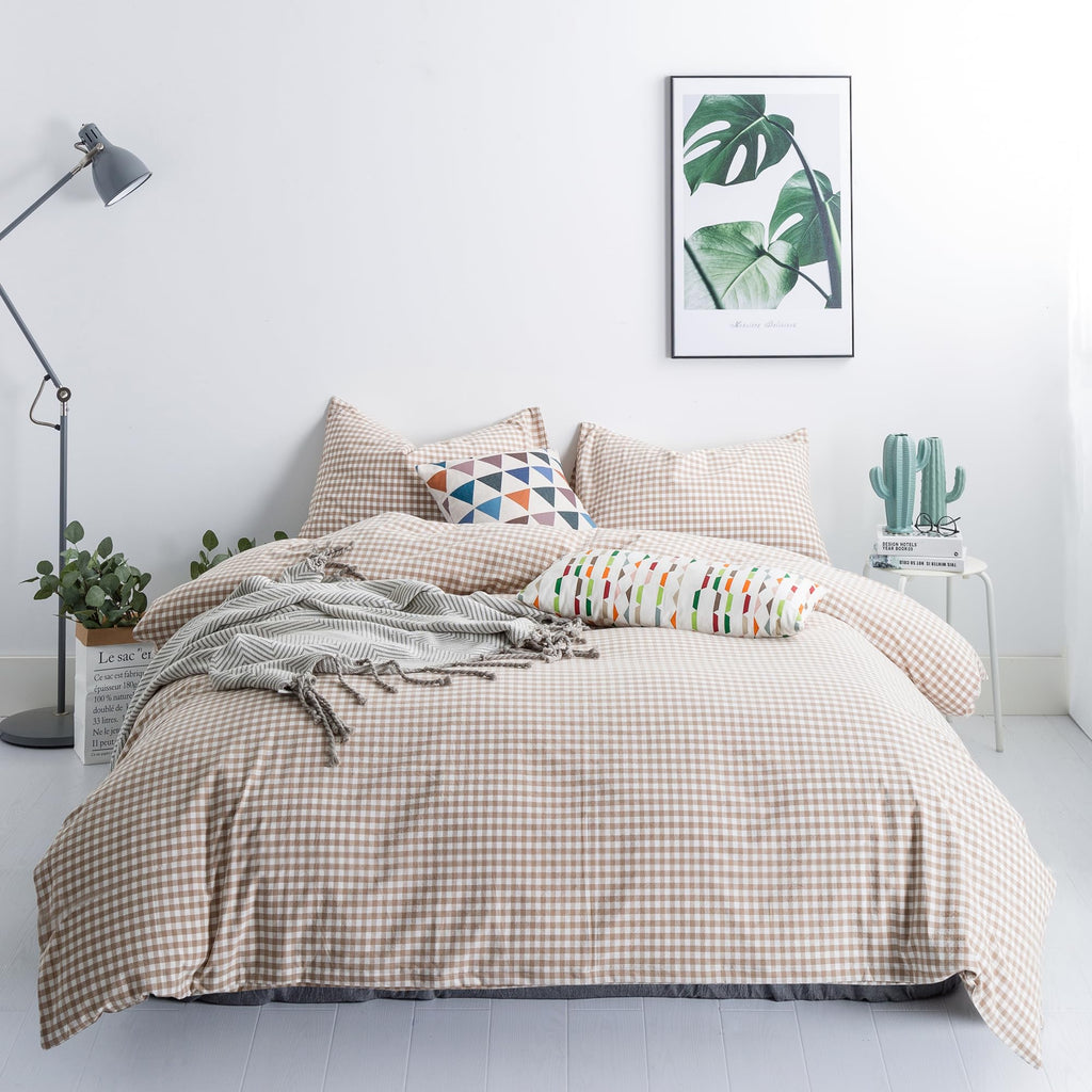 SUSYBAO Tan Gingham Duvet Cover Queen 100% Washed Cotton Beige Plaid Duvet Cover Set 3 Pieces Set 1 Soft Checkered Grid Duvet Cover with Zipper Ties 2 Pillowcases Luxury Farmhouse Gingham Bedding Set