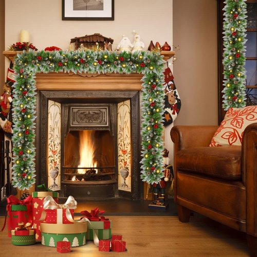 Christmas Garland,Christmas Garland with Lights, Christmas Decoration,9FT/2.7M, for Mantle, Home, Stairs, Fireplace, Porch, Door,Indoor/Outdoor (Green)