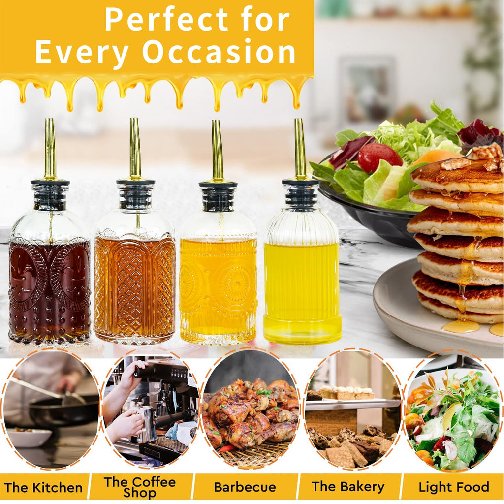 Syrup Dispenser Bottles Set,4 pcs 7oz Glass Coffee Syrup Bottle,Coffee Bar Accessories with Metal Pour Spout Ideal and labels for Coffee Syrups,Coffee bar
