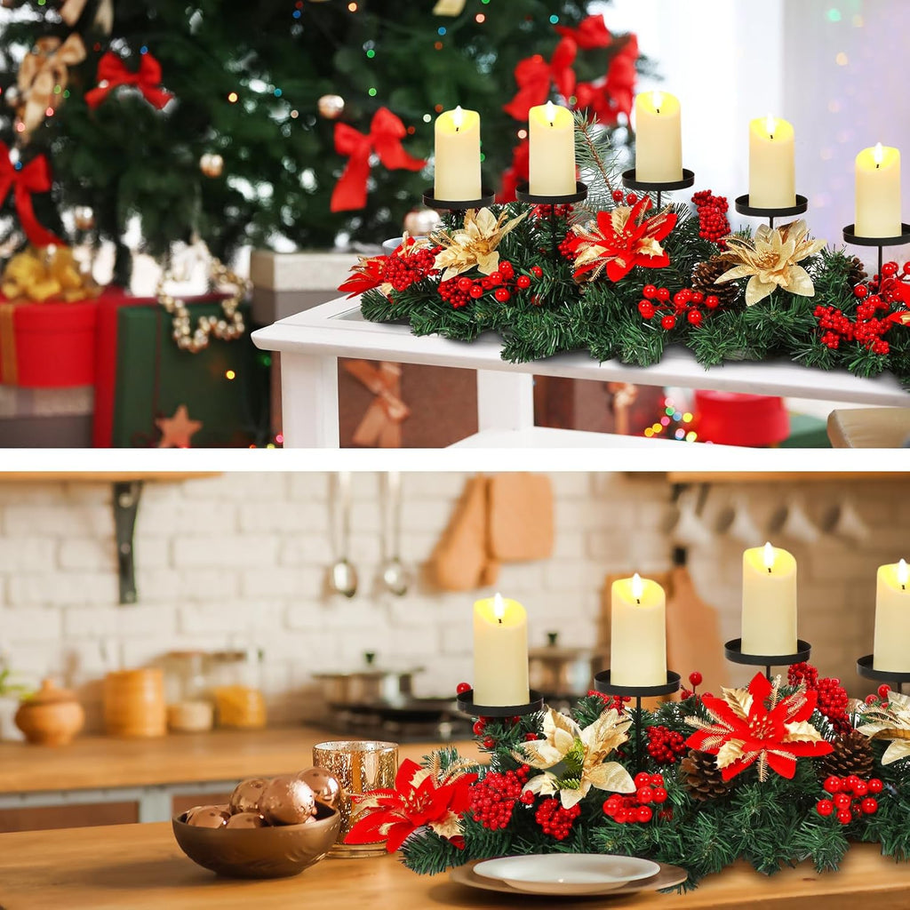 Sliner Christmas Tabletop Centerpiece - 30 Inch Poinsettia Candle Holder with 5 LED Flameless Candles & Pine Cones