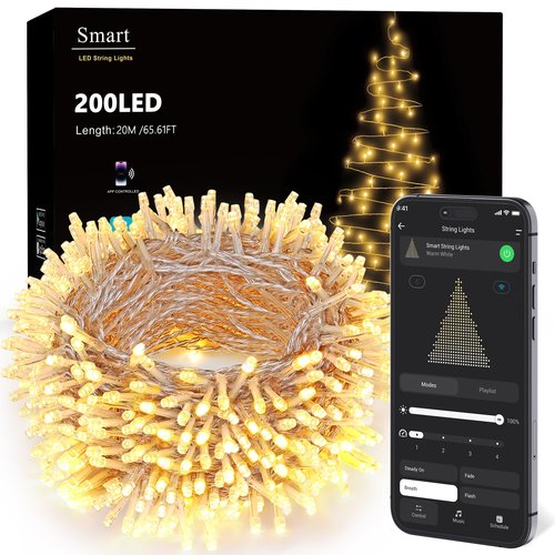 BrizLabs Smart Christmas Lights, 66FT 200 LED Christmas Lights App/Voice Control, Multiple Modes Dimmable Warm White Mini Fairy Light String, Music Sync Party Light Clear Wire for Indoor Outdoor Decor