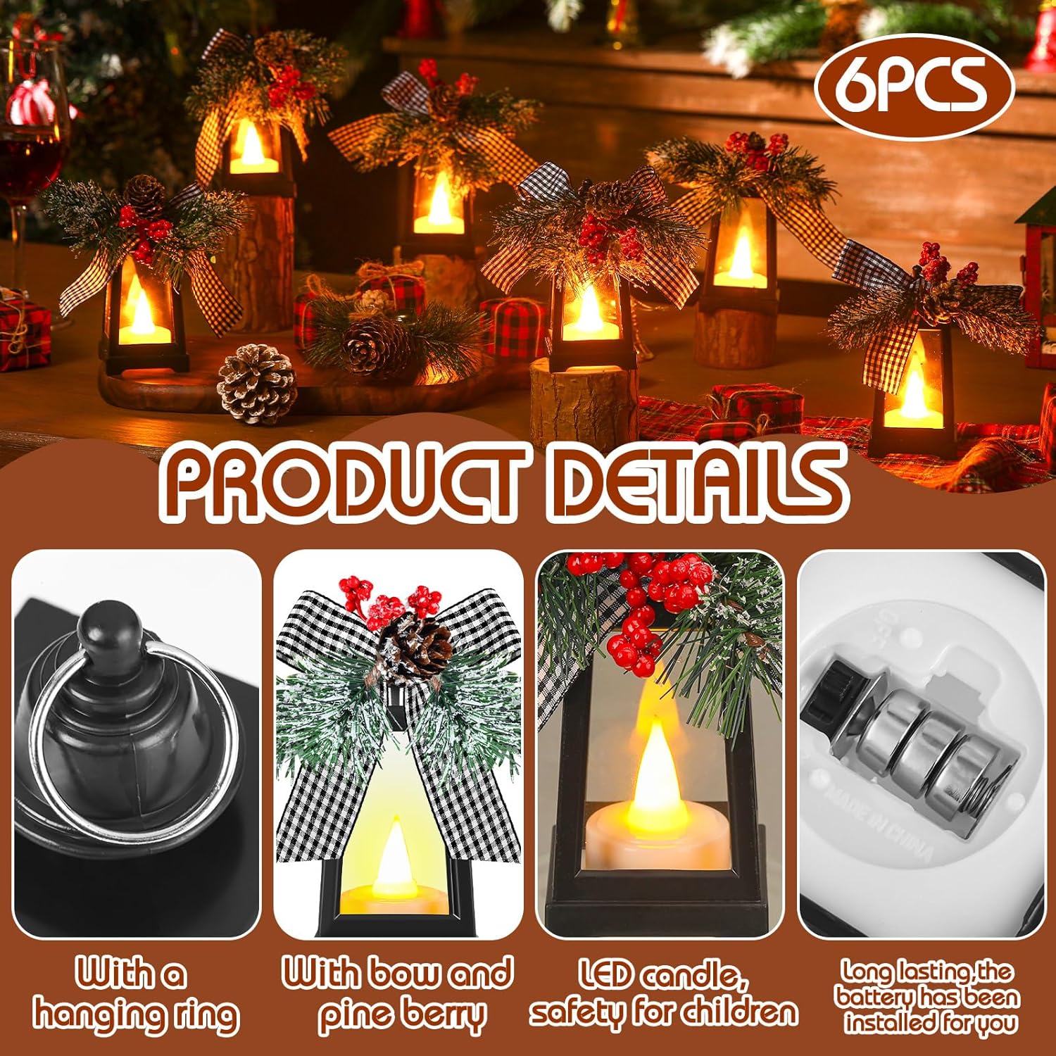 Regine Switzerland Christmas Mini Lanterns - Set of 6 Decorative LED Hanging Lights | Buffalo Plaid Bow, Battery Included