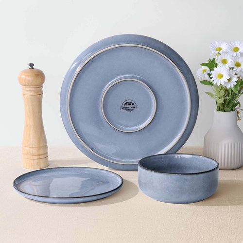 Herogo Stoneware Dinnerware Sets with Salad Bowls, Dinner Plates and Bowls Sets for 4, 16 Piece Dishware Place Setting for Kitchen, Chip & Scratch Resistant Dishware, Haze Blue