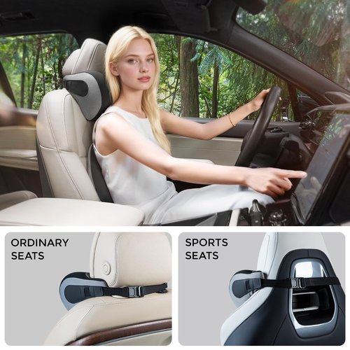 BEBAS Car Headrest Pillow, Memory Foam Neck Support Pillow for Cars - Ergonomically Designed for Long Drives, Travel & Commuting, Pain Relief with Removable & Washable Cover (Black Gray, 1-Pack)