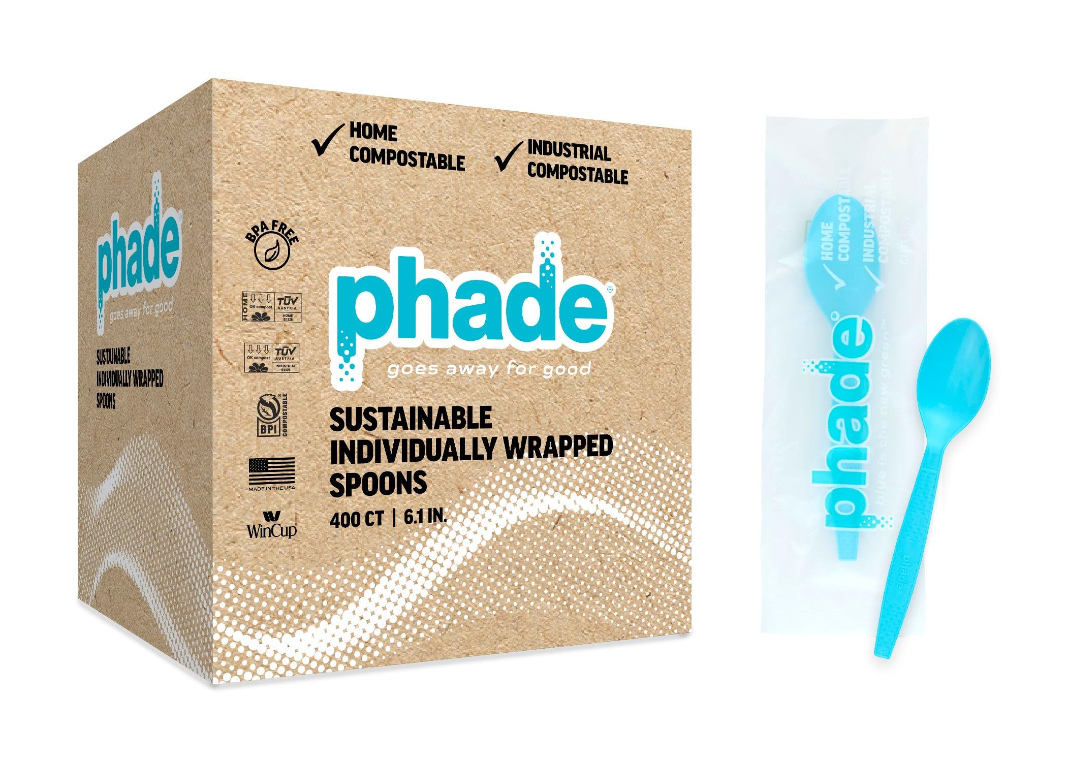 phade 100% Compostable Spoons – BPI Certified Wrapped Cutlery in Compostable Packaging, 400 Bulk Count, 6.1 Inch Sustainable Disposable Utensils for Home, Events, Takeout – Made in USA