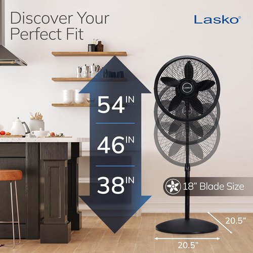 Lasko Pedestal Fan - Oscillating Bedroom Fan with Adjustable Height & 3 Cooling Speeds | 18" Black