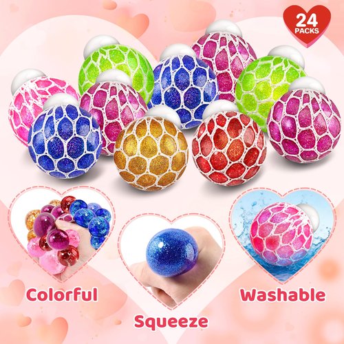 AyiOwmpa Valentines Day Cards for Kids School, 24 Pack Valentines Cards for Kids Classroom with Stretch Squeeze Balls Toys, Valentines Day Gifts for Kids Exchange, Ideal Valentines' Party Favors