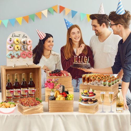 Budiwati 8-Pack Pine Wood Buffet Risers, Multi-Size Nesting Cube Food Display Stands for Buffet Table & Catering, Hollow Bottoms Food Risers for Multi-Level Buffet Presentation