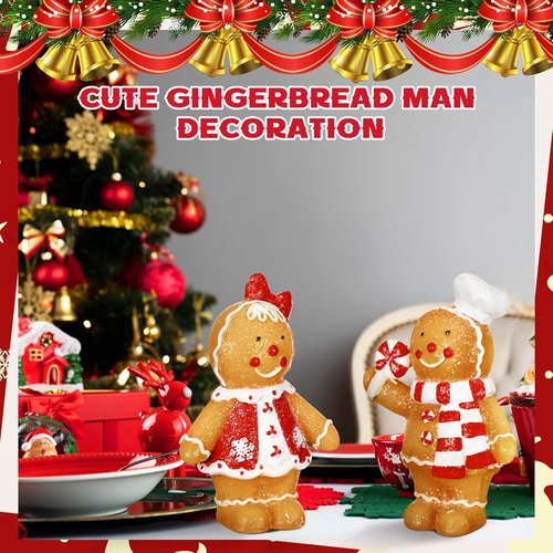 Moucuny Christmas Gingerbread Man Figurines - 2-Piece Resin Decor with Chef Hat & Scarf | Festive Home Kitchen Decoration