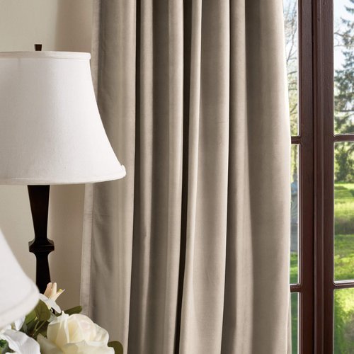Martha Stewart Lucca Velvet Blackout Back Tab Window Curtain Panel Pair, 84", Linen Beige