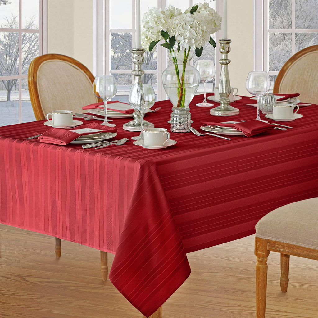 Newbridge Red Satin Stripe Fabric Tablecloth, 60 x 144 Inch Rectangle, Elegant Woven Stripe, Wrinkle Resistant Reusable Polyester Table Cover