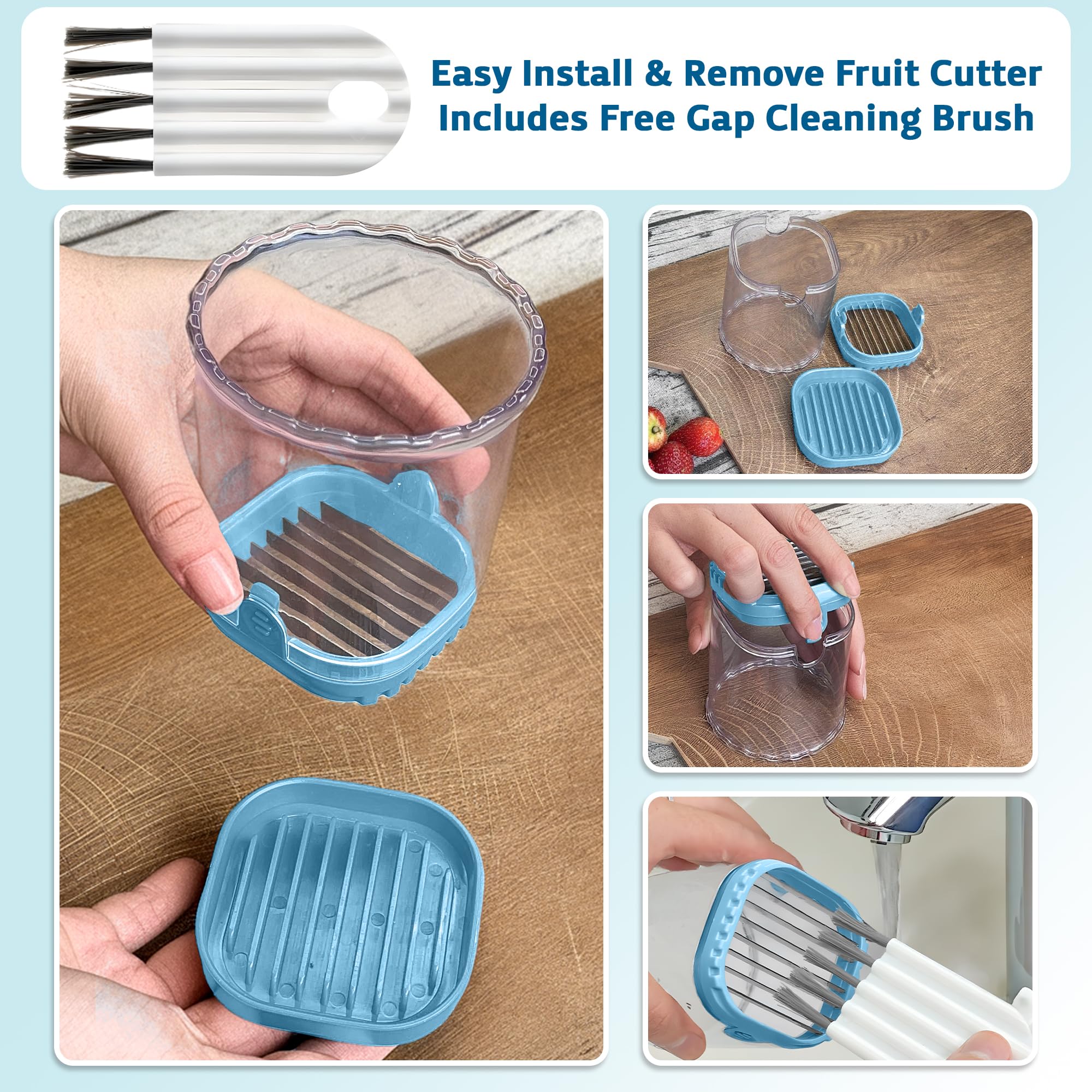 Strawberry Slicer Cup with Push Plate, Fruit Cutter Kitchen Gadget for Egg, Kiwi, Banana, Cucumber, Easy Fruit & Vegetable Slicer, Strawberry Cutter Tool for Quick Safe Cutting (Blue)
