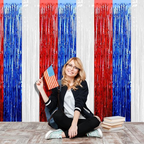 Foil Fringe Curtain Backdrop by [Brand Name] - 4 Pack 3.2Ft x 9.8Ft Red, Blue & White Metallic Streamers for Parties