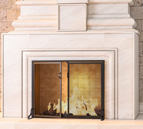 Kingson Fireplace Screen with Magnetic Doors, 2-Pannel Handcrafted Solid Wrought Iron Decorative Mesh Classic Fire Spark Guard Black 35" D x 11" Wx 28" H