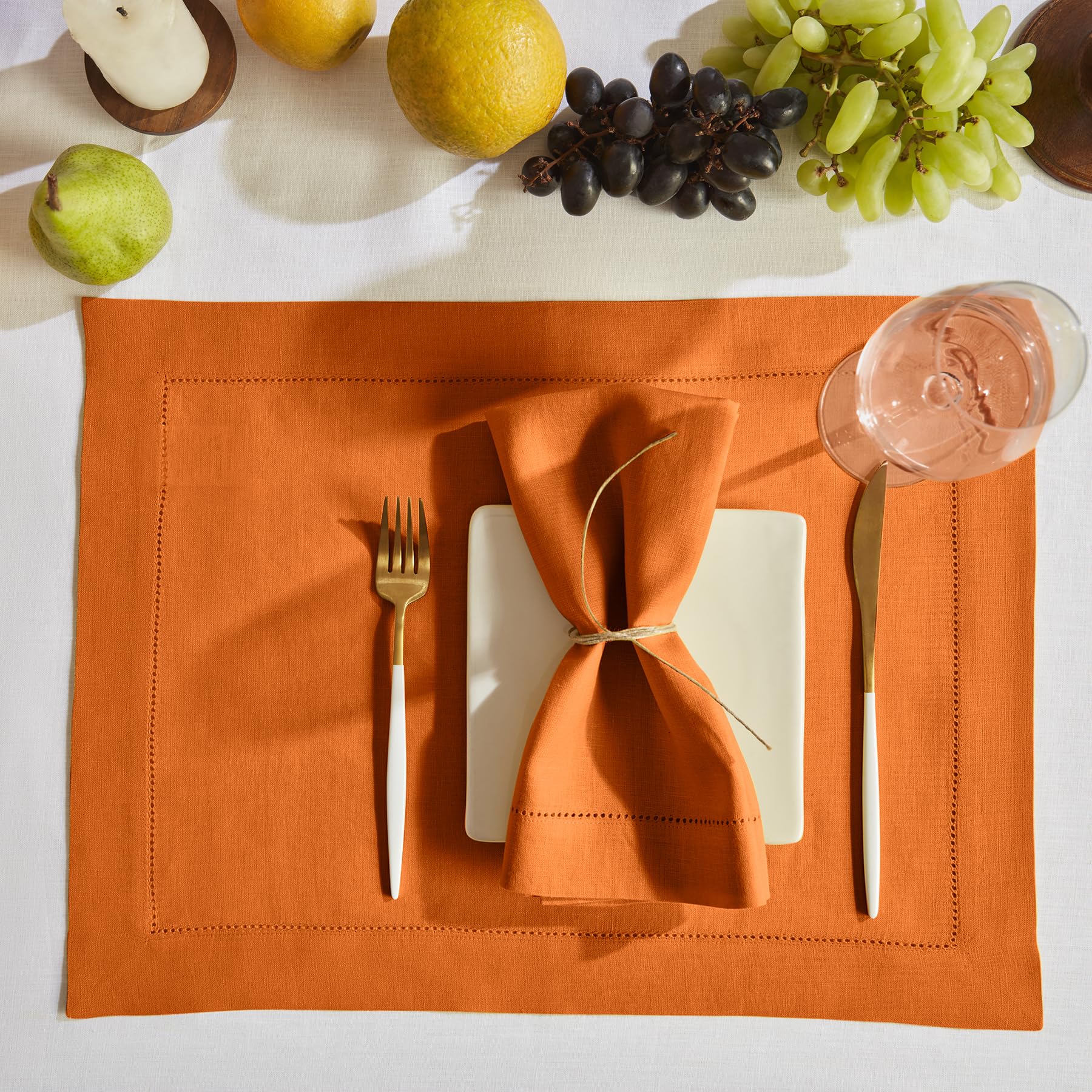 Solino Home Linen Cloth Placemats Set of 6-100% Pure Linen Hemstitch Pumpkin Placemats 14 x 19 Inch - Sonoma Hemstitch Table Place Mats