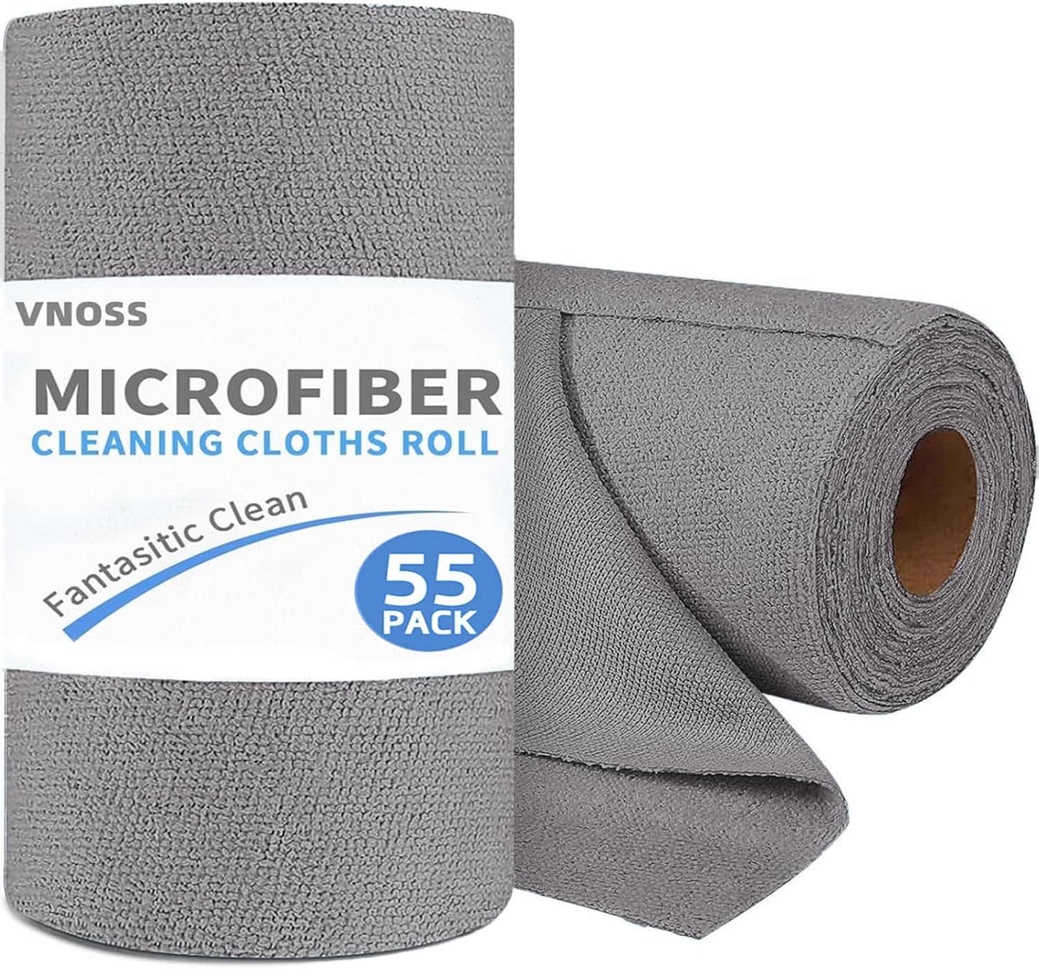 Vnoss 55 Pack Microfiber Cleaning Cloth Roll, Tear Away Reusable Towels, 11" X 9", Ultra Absorbent & Lint Free Cloth for Cars, Kitchen, Window, Home and Shop, Grey