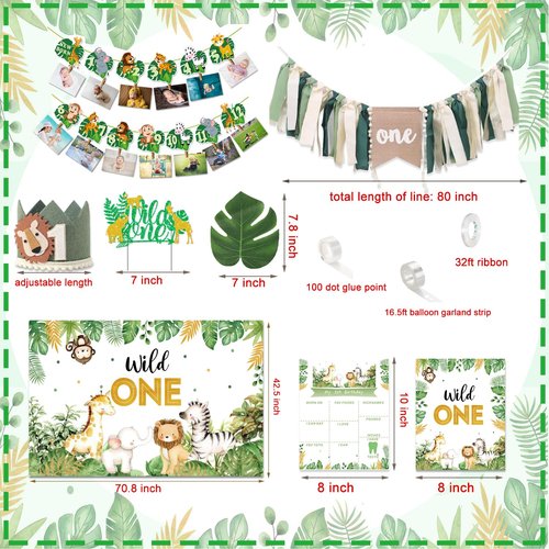 Wild One Birthday Decorations,Jungle Safari Animal Theme First Birthday Decorations Baby Shower Party Supplies for Boy Girl Photo Banner, Balloon Box, Balloons Garland, High Chair Banner, Backdrop