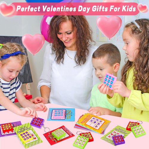 24 Pack Valentines Day Gifts for Kids Classroom Tic Tac Toe Game Keychains with Valentines Day Cards for Kids School, Valentines for Kids Class Exchange Cards Gifts Prizes Party Favors for Boys Girls