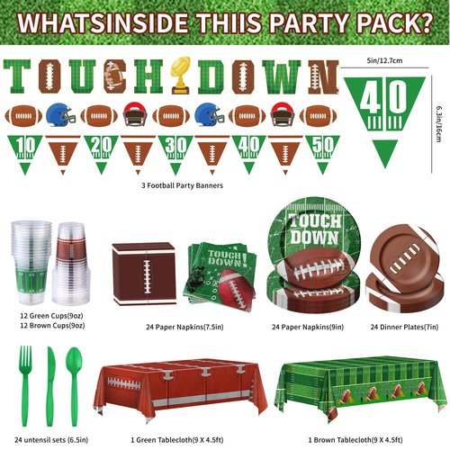173PCS Football Party Supplies Kit for 24 Guests - Football Birthday Party Supplies with Paper Plate Napkin Big Cup Cutlery Banners Touchdown Tablecloth Tailgate Party Decorations(B)
