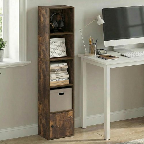 Furinno LUDER 5-Tier Bookshelf - Stylish Open Shelf & 1 Door Cabinet | Amber Pine, Ideal for Living Room & Home Office