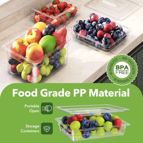 HNEDSEN 6 Pack Plastic Food Pan with Lid 1/2 Size 4 Inch Deep Restaurant Clear Food Storage Containers Polycarbonate Commercial Hotel Pans for Fruits Vegetables Beans Corns (6 PCS, 4'' Deep)