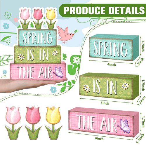 Marsui 4 Pcs Spring Table Decorations Tulip Flower Wooden Block Signs Pastel Tulip Tabletop Centerpieces Farmhouse Distressed Easter Spring Decor for Home Table Kitchen Shelf Tiered Tray Decor