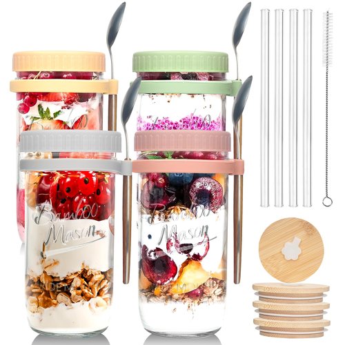 ANOTION Overnight Oats Containers with Lids and Spoons - 4 Pack Mason Jars 24 oz with Lids and Straws - Airtight Glass Meal Prep Containers for Oats Overnight, To Go Yogurt Oatmeal Cereal Pudding Cups