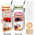 ANOTION Overnight Oats Containers with Lids and Spoons - 4 Pack Mason Jars 24 oz with Lids and Straws - Airtight Glass Meal Prep Containers for Oats Overnight, To Go Yogurt Oatmeal Cereal Pudding Cups