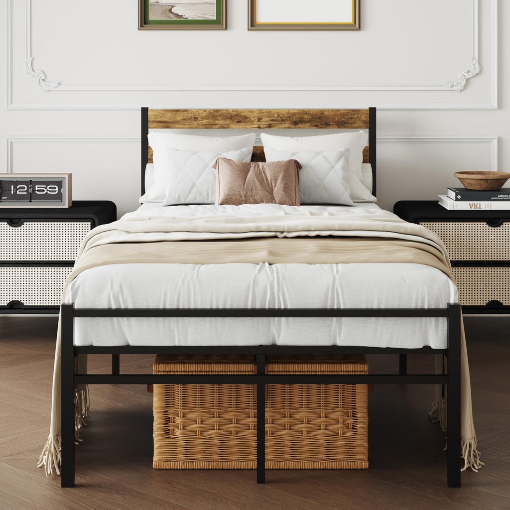 ZZBINUS Metal Platform Bed Frame with Headboard, Twin Size 39.0W x 77.7L x 36.2H inches, Wood and Faux Leather, Walnut (Walnut Colour, Twin)