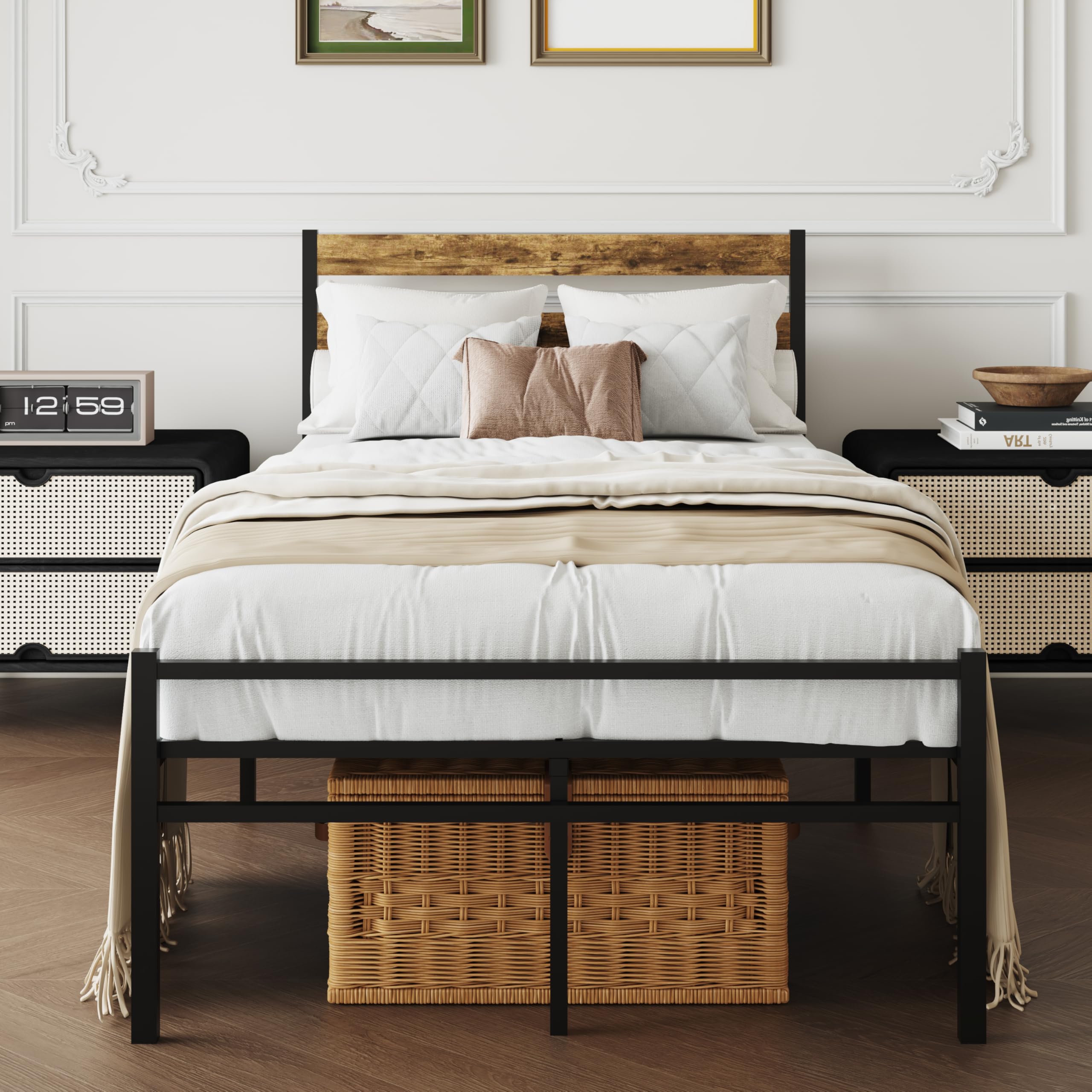 ZZBINUS Metal Platform Bed Frame with Headboard, Twin Size 39.0W x 77.7L x 36.2H inches, Wood and Faux Leather, Walnut (Walnut Colour, Twin)