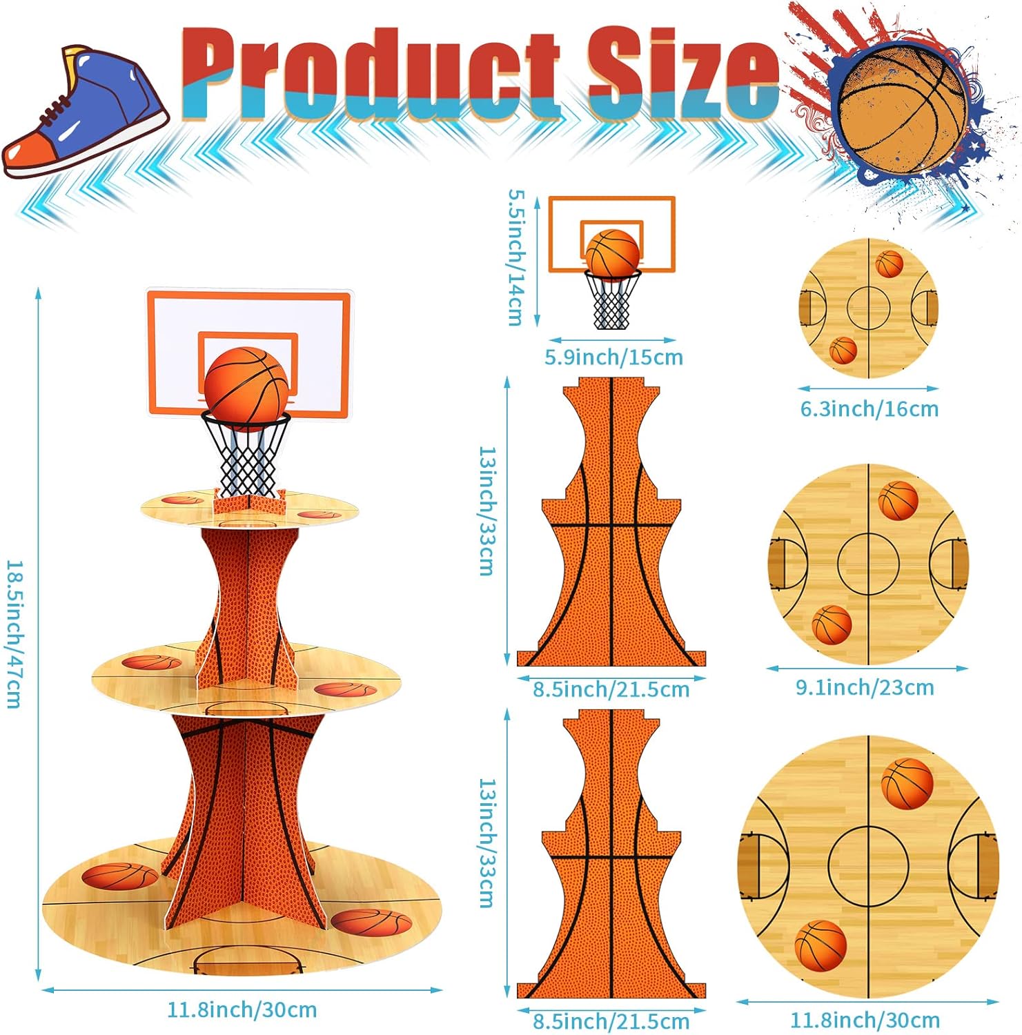 Nuenen Basketball Cupcake Stand - 3-Tier Sports Theme Party Decor for Birthdays & Events