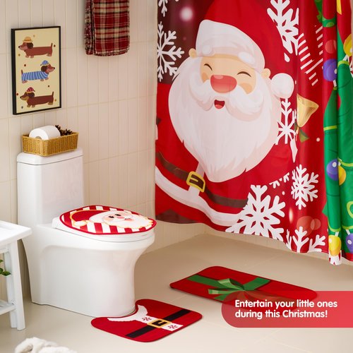 JOYIN 4 Pcs Christmas Bathroom Set with Shower Curtain, Bath Mat, Toilet Lid Cover, U Shape Rug & Hooks, Xmas Bathroom Decor Santa Claus Theme for Holiday Use Party Favors Indoor