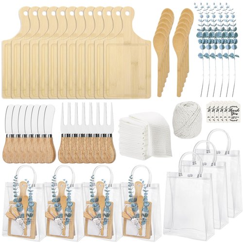 110PCS Baby Shower Prizes for Game Winners 12 Sets Baby Shower Gifts Bamboo Cheese Board Spoon Towel Artificial Eucalyptus Stems Thank You Card Gift Bag for Baby Bridal Shower Wedding Favors