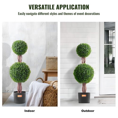 VEVOR Artificial Boxwood Topiary Tree, 36 inch Tall (2 Pieces), Double Ball Faux Topiary Trees, Faux Plant w/Extra Leaves & Pot & Small Decoration, UV Rated Set for Home Decor Indoor/Outdoor