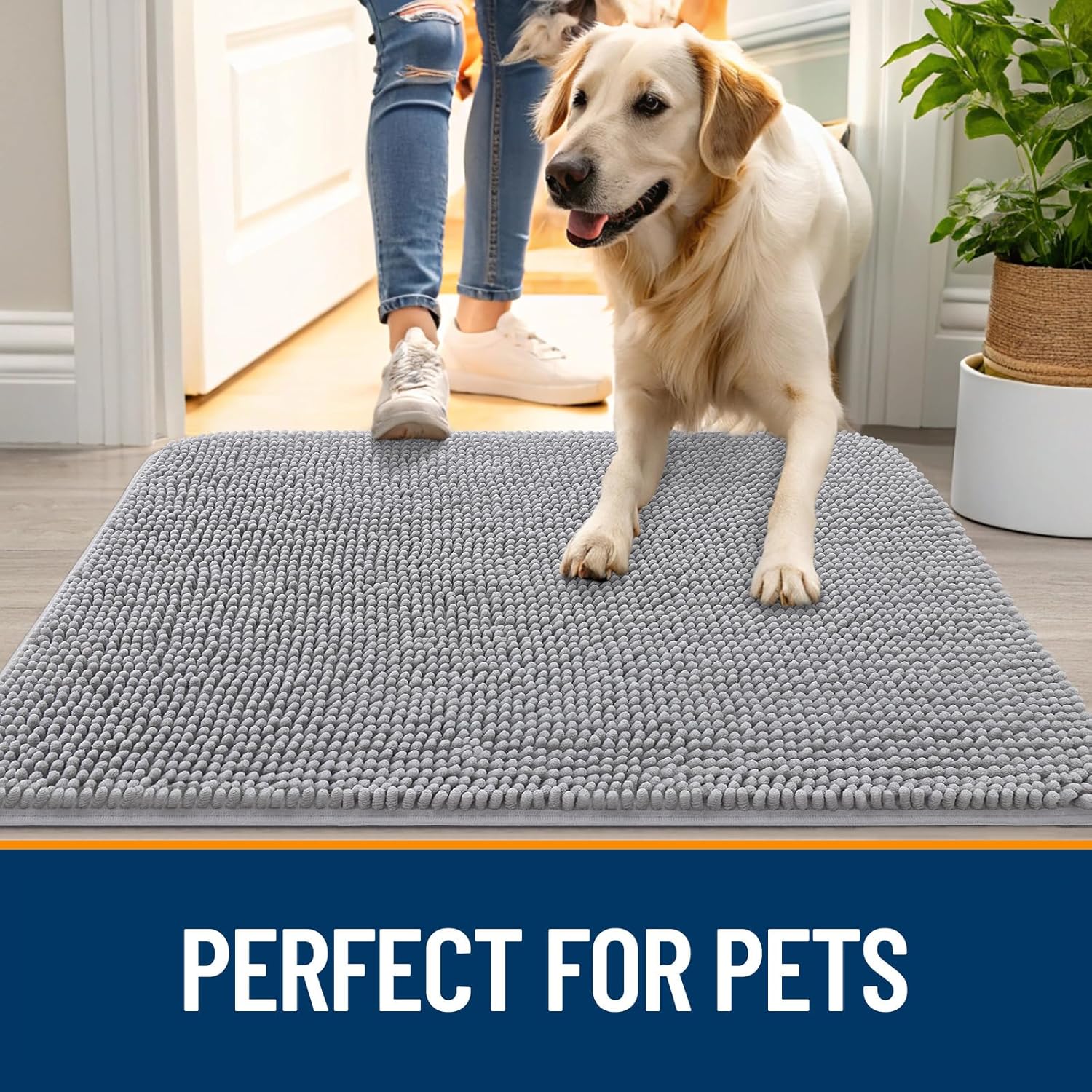 OLANLY Dog Door Mat - Absorbent Non-Slip Chenille Mat for Muddy Paws | 36x24 Light Grey Indoor Carpet