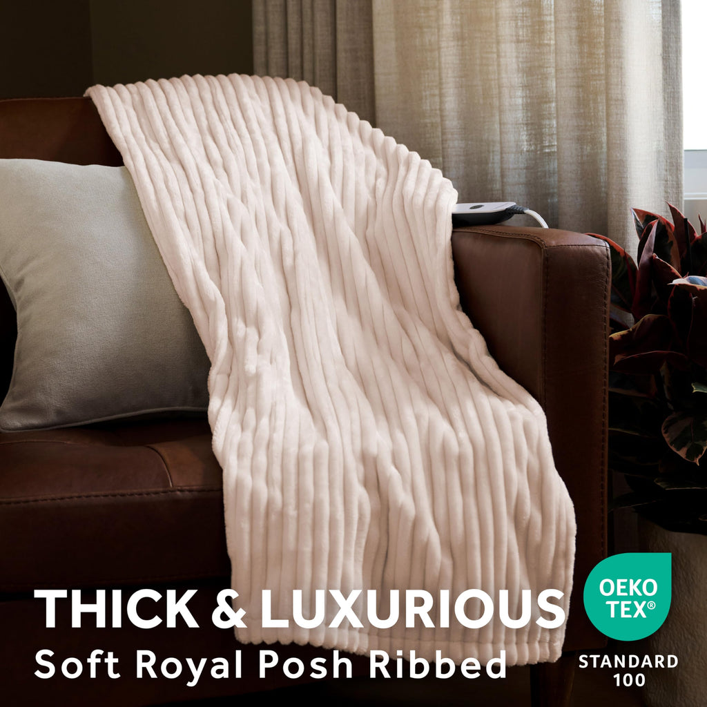 Sunbeam Electric Throw Royal Posh Velvet Heated Blanket, 4 Heat Settings, 4-Hour Auto Shut-Off, Fast Heating, Lush, Silky, and Ultra Comfy, Ribbed Champagne Color, 50" x 60"