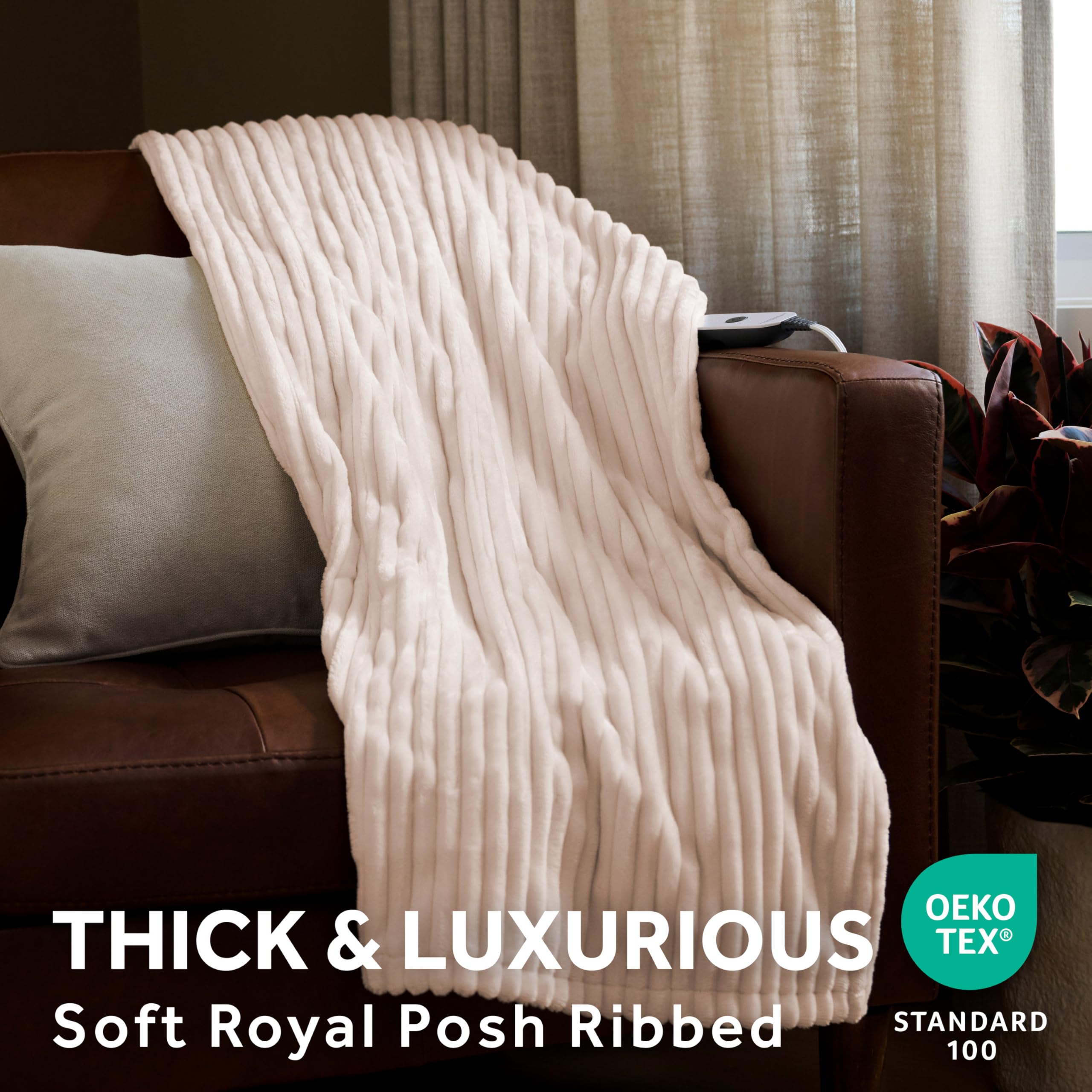Sunbeam Electric Throw Royal Posh Velvet Heated Blanket, 4 Heat Settings, 4-Hour Auto Shut-Off, Fast Heating, Lush, Silky, and Ultra Comfy, Ribbed Champagne Color, 50" x 60"