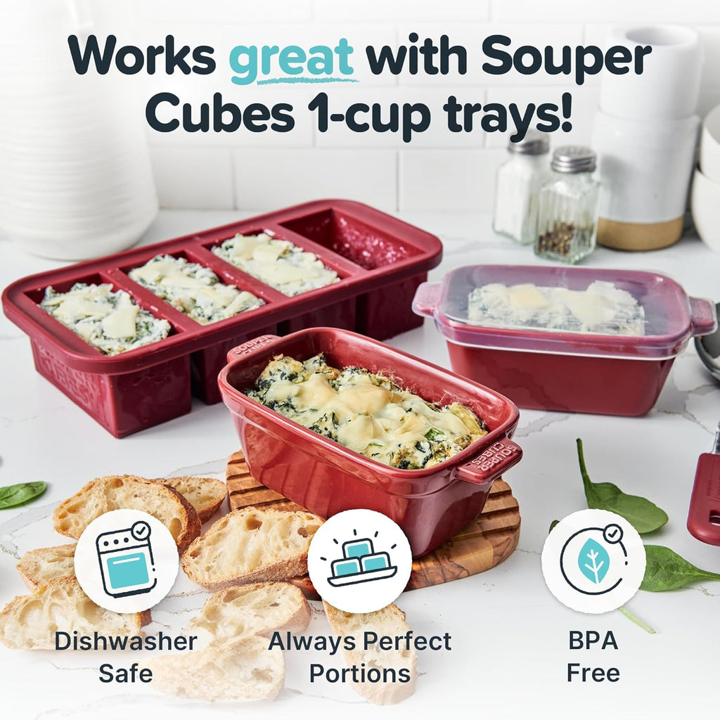 Souper Cubes Stoneware - Small 5" x 3" Ceramic Baking Dish with Silicone Covers | Set of 4 in Cranberry for Perfect Single Serve Portions