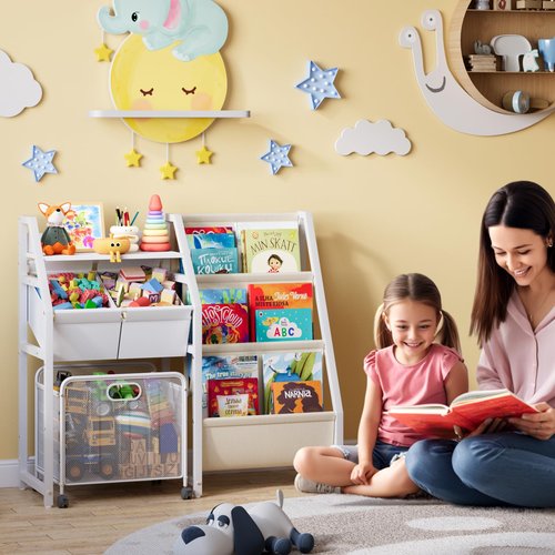 Kids Bookshelf and Toy Storage Organizer - 3 Tier Book Shelf for Kids Rooms with Movable Drawer, Kid Bookcase with 2 Toy Bins, Toddler Baby Childrens Bookshelf, for Bedroom Playroom Classroom (White)