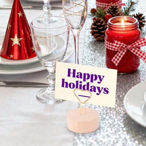 Oubest Gold Table Number Holders & Place Card Holders with Heart-shaped Metal Wire and Wooden Base - 10 PCS Picture Photo Sign Stands for Table, Centerpieces, Wedding, Party, Birthday Decor, Gold
