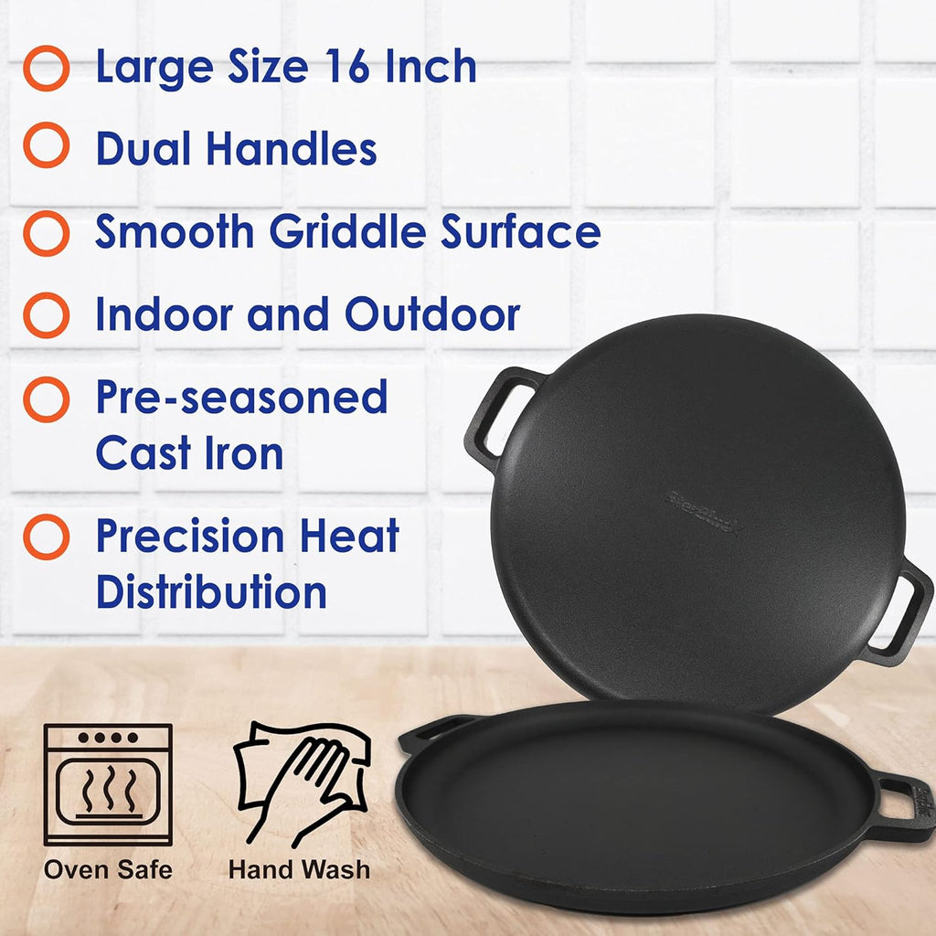 StarBlue 16-Inch Cast Iron Pizza Pan - Pre-Seasoned Griddle with Free Silicone Handles & Recipe Ebook | Perfect for Baking, BBQ, and Stovetop Cooking