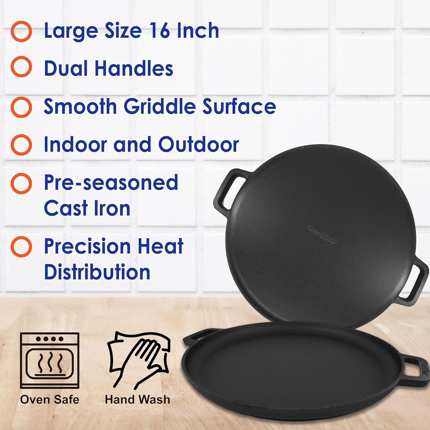 StarBlue 16-Inch Cast Iron Pizza Pan - Pre-Seasoned Griddle with Free Silicone Handles & Recipe Ebook | Perfect for Baking, BBQ, and Stovetop Cooking