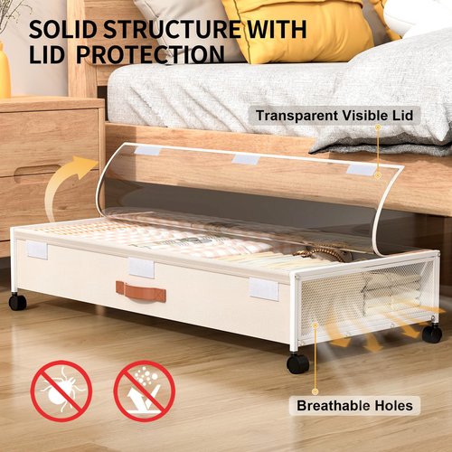 Under Bed Storage Containers with Wheels Large Underbed Shoes Blankets Clothes Toy Storage Drawers for College Dorms Bedrooms Nursery Rooms Organization (White 2 Pack, 7.5in height(36"x16.6"x7.48"))